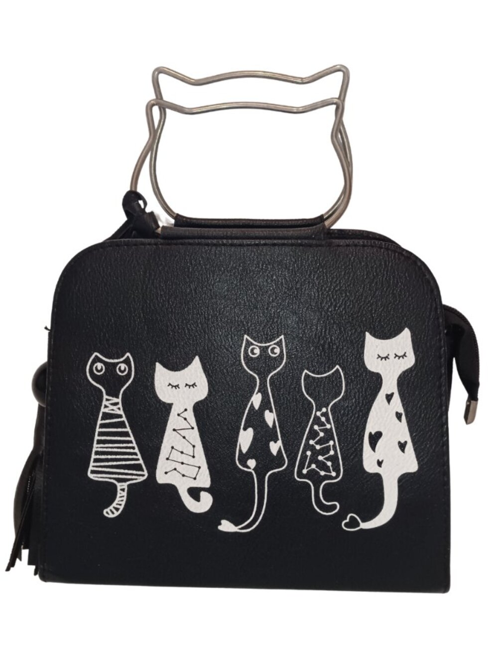 SHEIN Black and White Multiple Cats Metal Cat Shaped Handle Zipper Top Purse